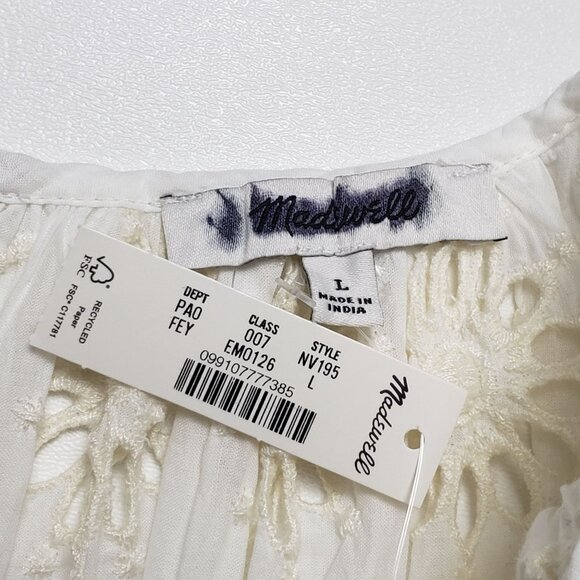 Madewell Embroidered Shirred Puff-Sleeve Top Women's Large Ivory Floral Eyelet - Picture 2 of 16
